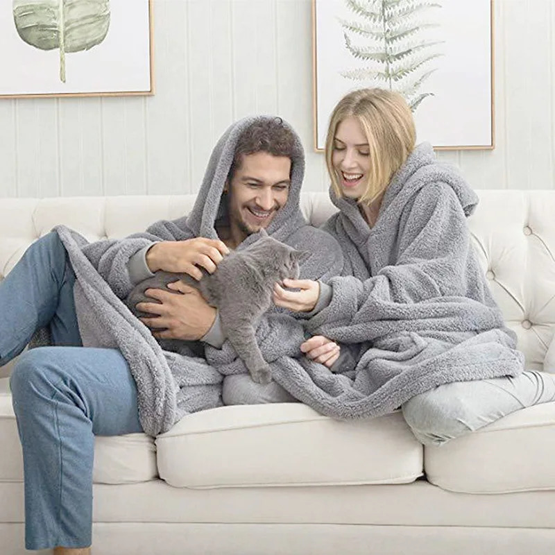Women Winter Thick Warm Hooded Outerwear Solid Elegant Soft Double Fleece Jacket Unisex Pocket Pullover Long Hoodies Home Wear 250930