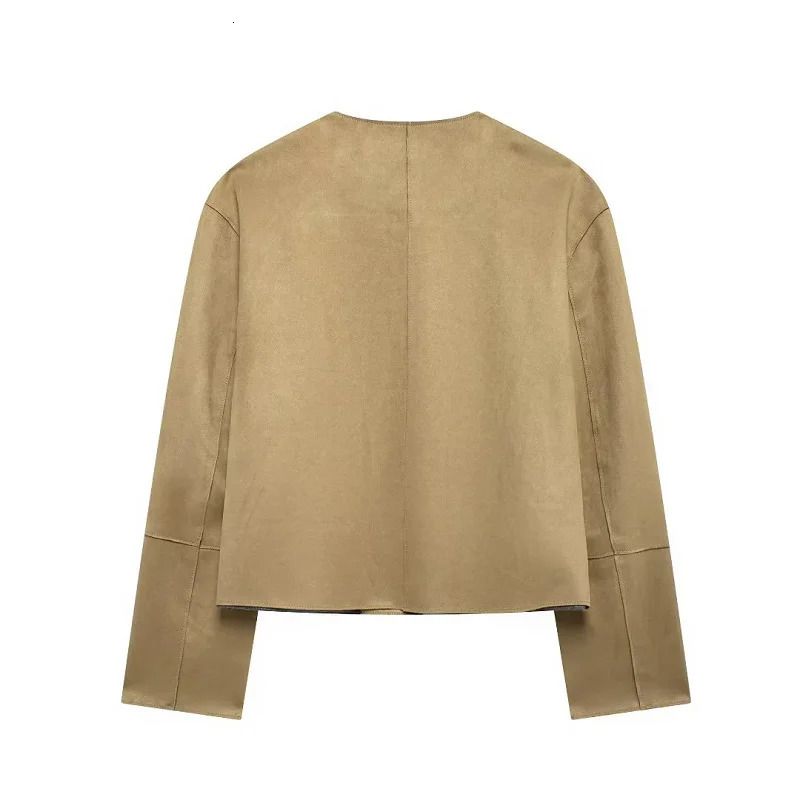 HXAO DemiSeason Suede Jacket Women Cropped Coat Autumn Faux Bomber Outerwear Button Elegant Short 250930