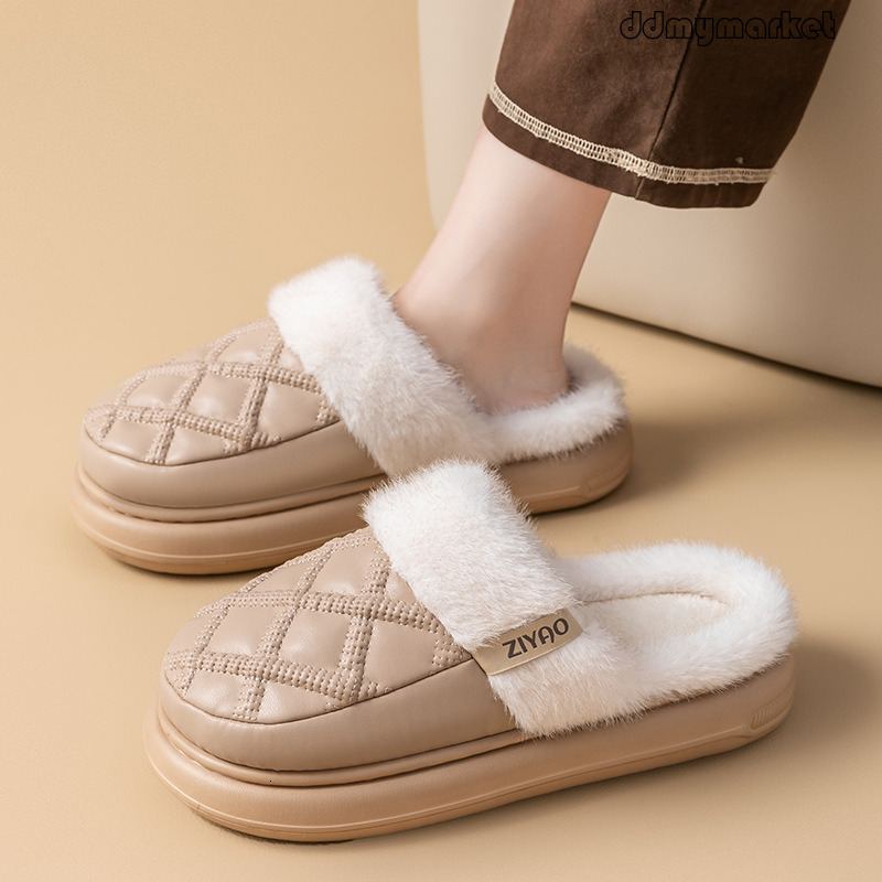 PU Leather Waterproof Cotton Women Winter Warm 2025 New Thick Sole Silent Non-Slip Plush Slippers for Men ddmymarket