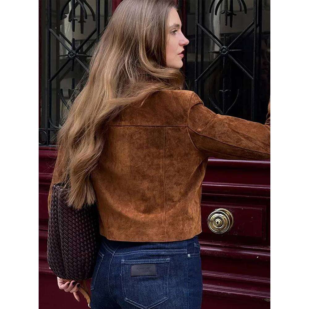Vintage Women's Zipper Suede Short Jacket Long Sleeve Lapel Pockets Brown Slim Coat 2025 Autumn Lady All-Match Outwears