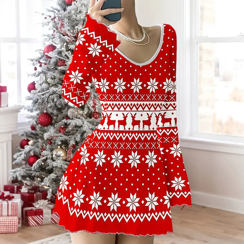 Elegant Evening Dress Woman Casual Long Sleeve Printed Christmas Dress Red Slim Bodycon Dresses For Women Casual Mini Dress 250930
