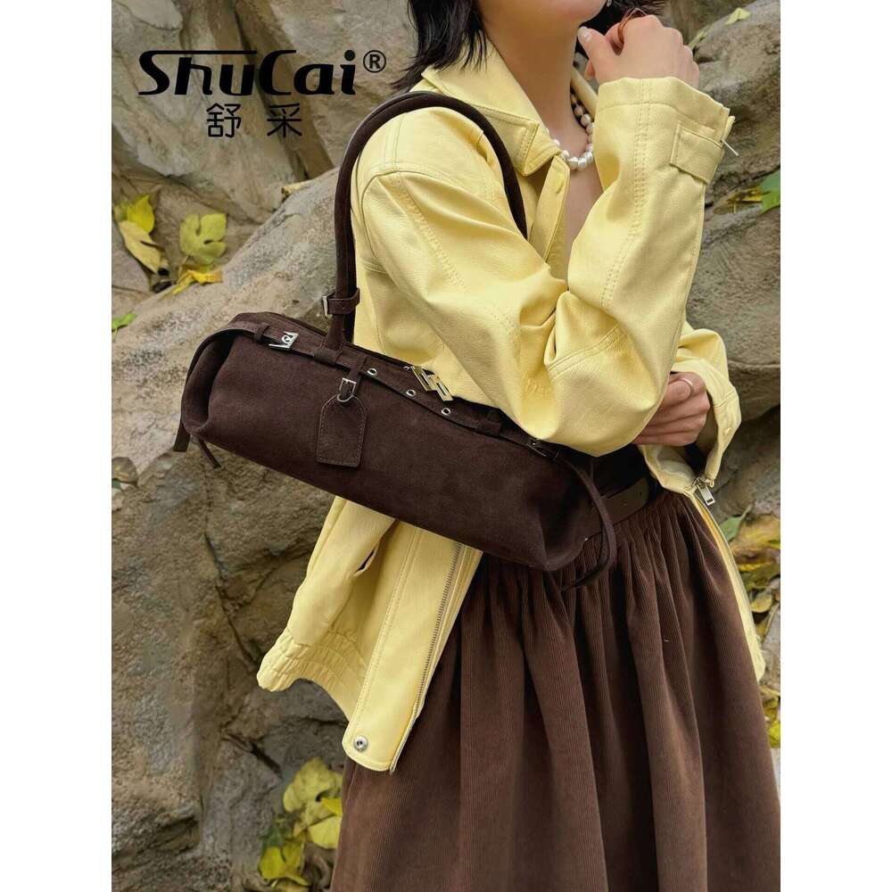 Enjoy Exquisite Lifestyle French Sausage Tote 2026 Winter Matte Suede Cow Leather Women Handbag Long Handle Armpit Shoulder Bag