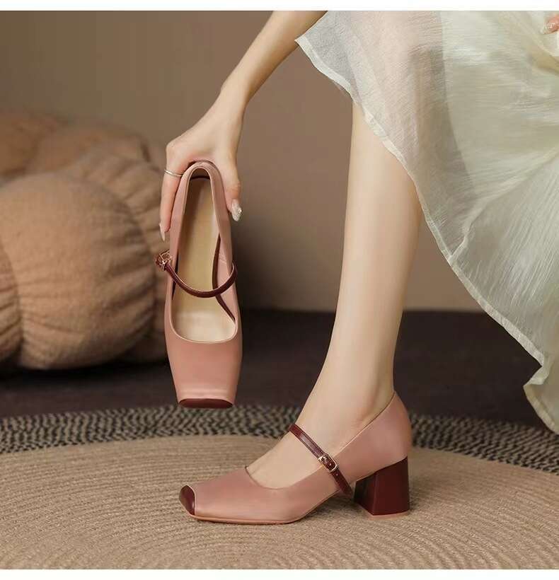 High heels Designer Shoe Women 2025 Autumn Genuine Soft Leather Pink Pig Nose Square Toe French Style heelegant Chunky heel Mary Jane Single Shoes