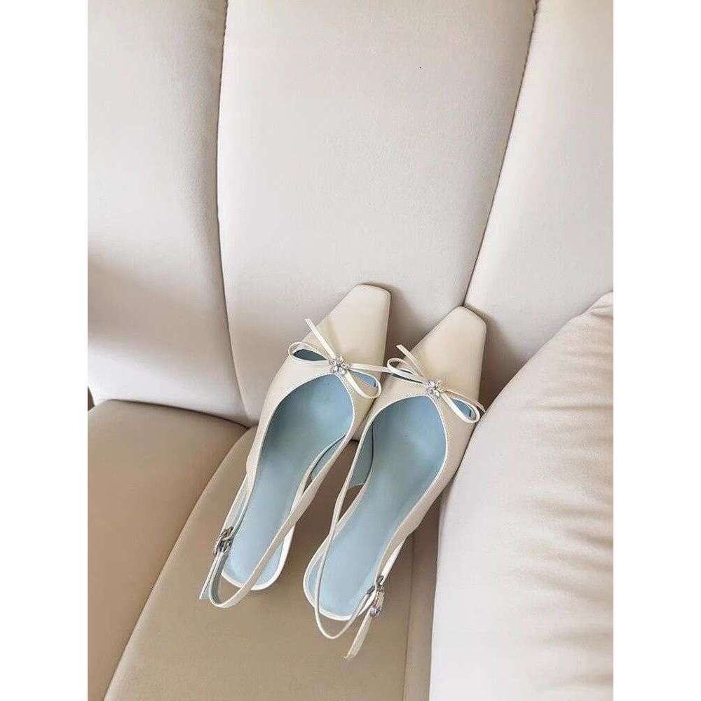 French Style Rhinestone Bow Hollow High Designer Shoe One-Strap Closed-Toe Sandals for Women Thick heel Backless Single Mid-heel Women's Shoes