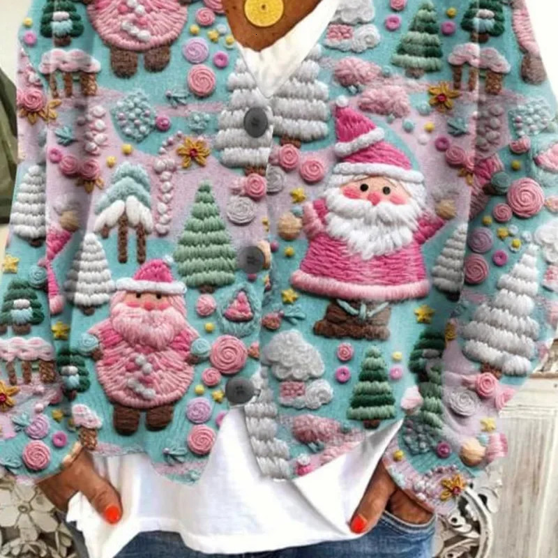 Christmas Sweater Fashion Print Casual Style Cloak Coat Cardigan Long Sleeve Streetwear Y2k Top Outerwear Clothes 250930