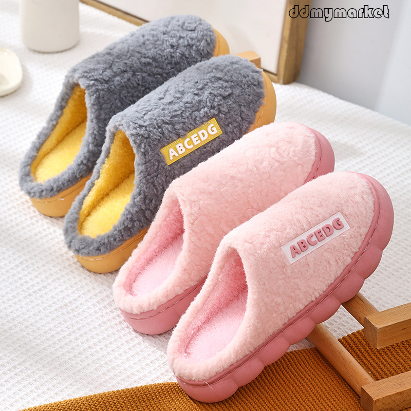 Solid Color Cute Warm Couple Cotton Men Thick Sole Home Comfortable Winter Furry Slippers Women ddmymarket