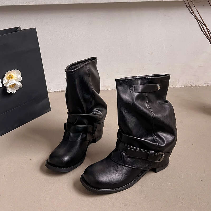 Cowhide Large Tube Wrinkled Pile 2025 New Western Cowboy Cuff Chunky heel Short Designer Shoe Boots for Women