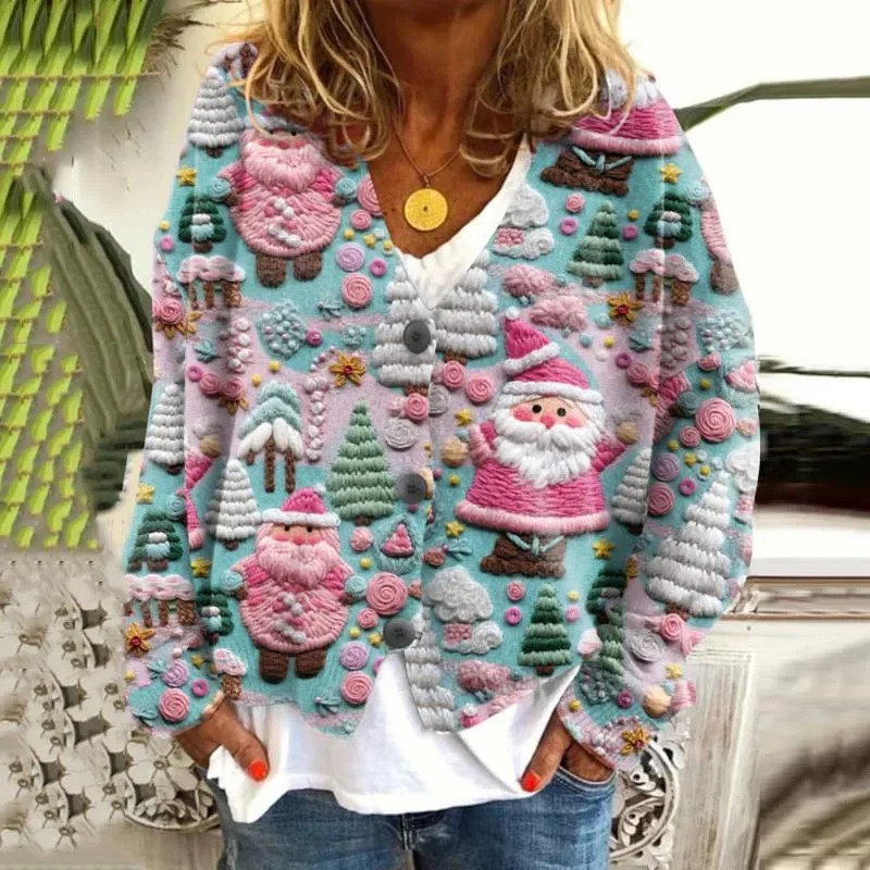 Christmas Sweater Fashion Print Casual Style Cloak Coat Cardigan Long Sleeve Streetwear Y2k Top Outerwear Clothes 250930