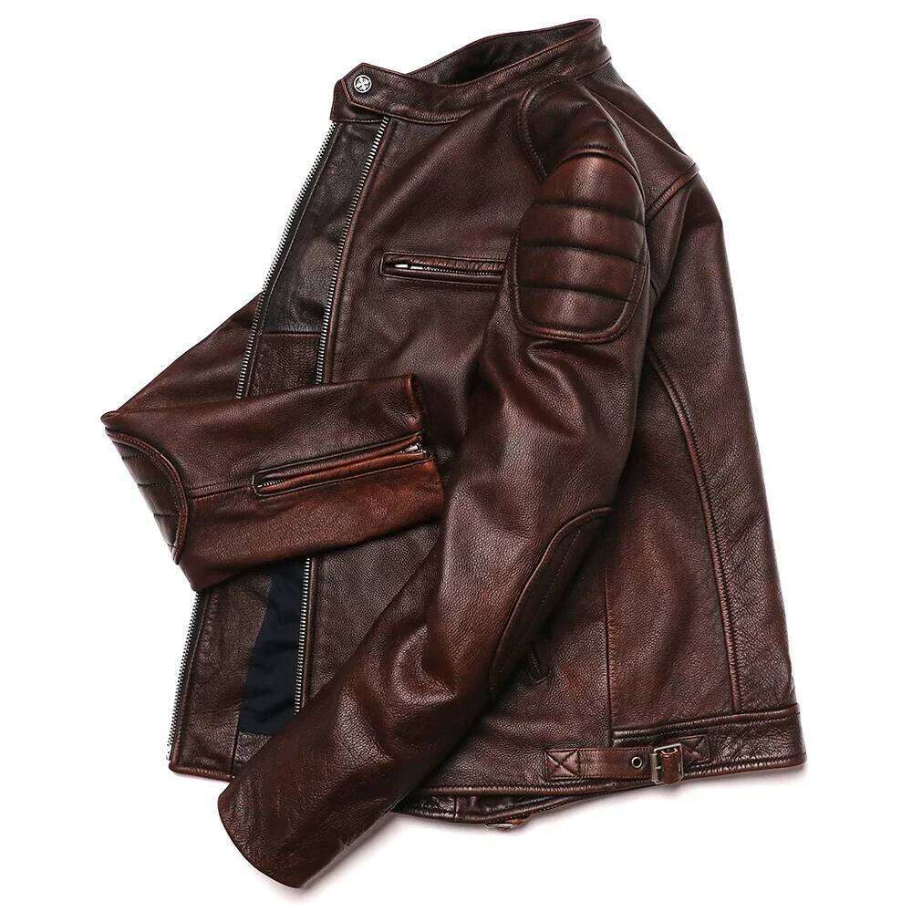 2025 Vintage Brown Genuine Leather Jacket Real Natural Cowhide Men Motorcycle Biker Mens Slim Calf Skin Coat