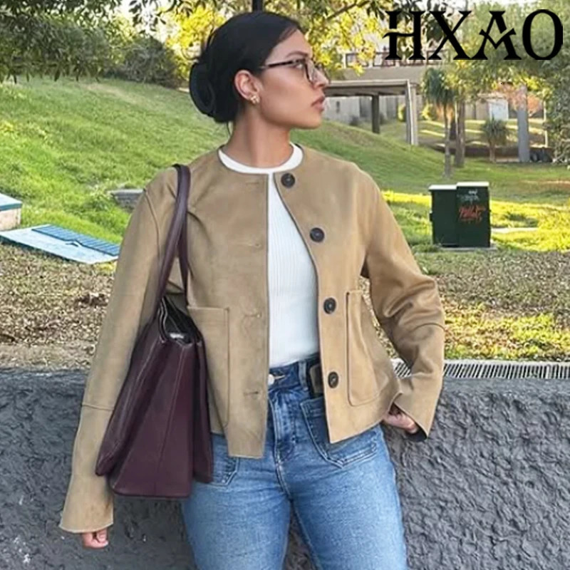 HXAO DemiSeason Suede Jacket Women Cropped Coat Autumn Faux Bomber Outerwear Button Elegant Short 250930