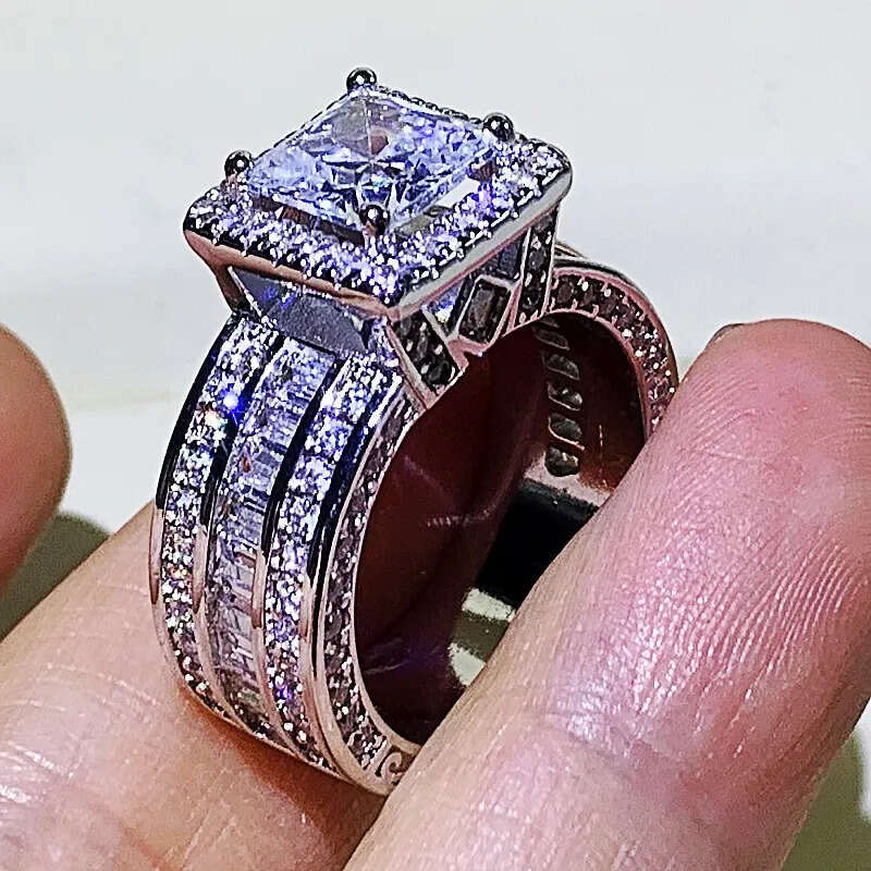 Rulalei Stunning Jewelry Sterling Sier Princess Cut Full White Topaz CZ Dia Promise Women Wedding Band Ring For Lover Gift