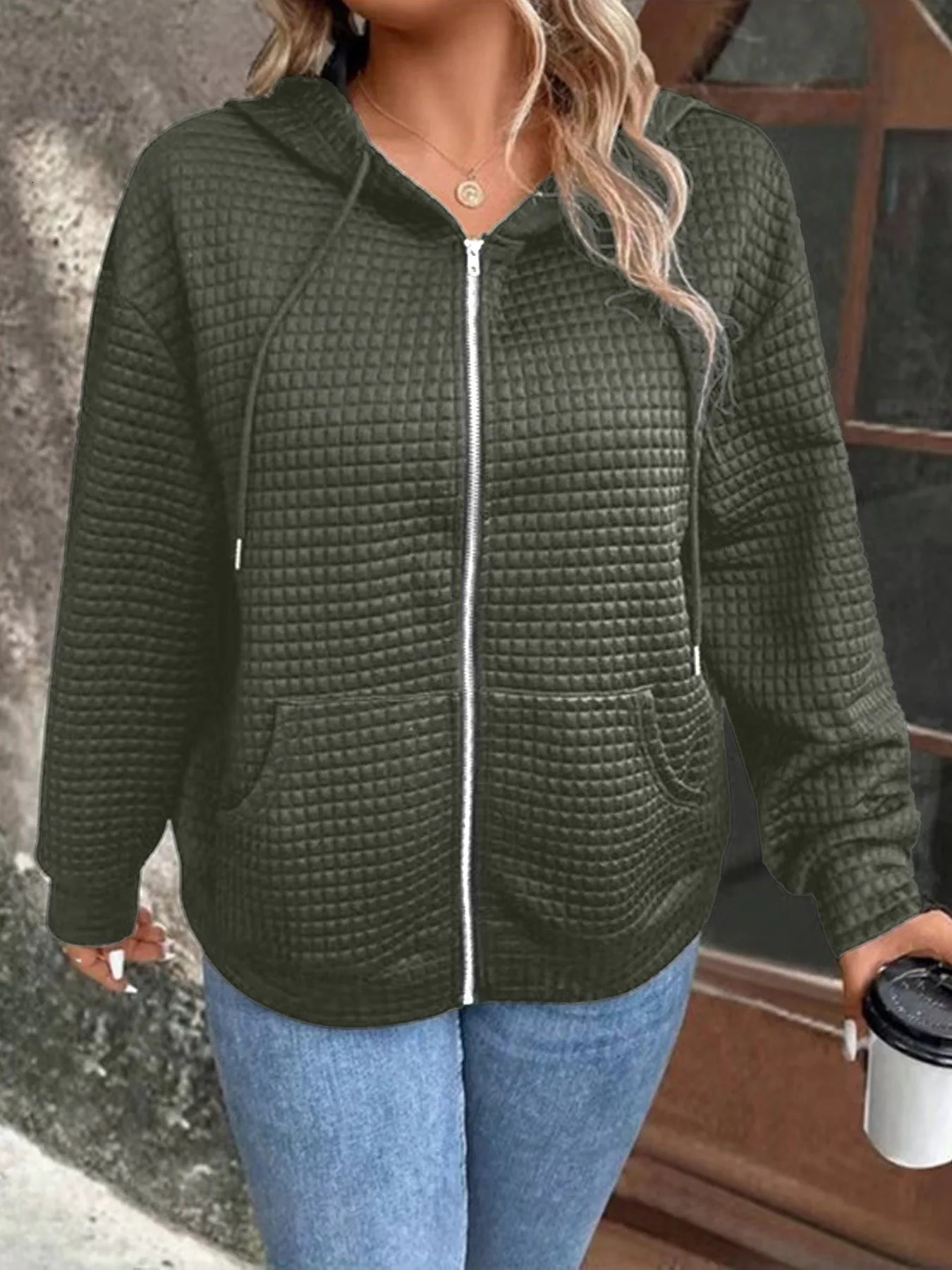 Plus size European and American crossborder autumn casual solid color pocket zipper hooded jacket 250930