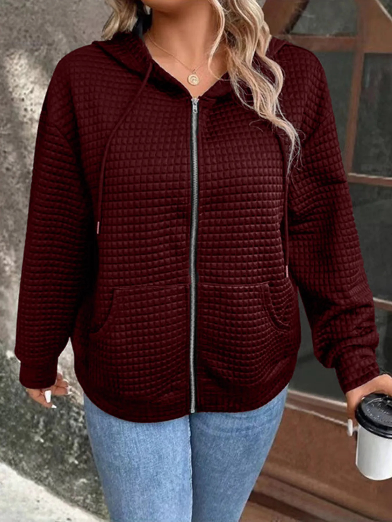 Plus size European and American crossborder autumn casual solid color pocket zipper hooded jacket 250930