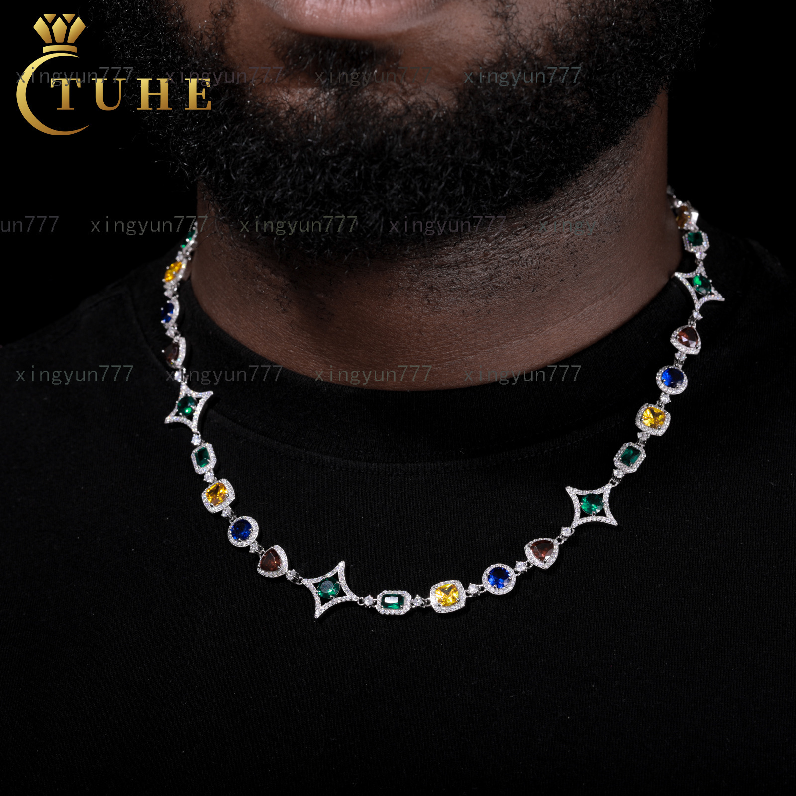 Fashion Mens Street Style Jewelry 925 Sterling Silver VVS Moissanite Diamond Mixed Color Gemstone Geometric Link Chain Necklace