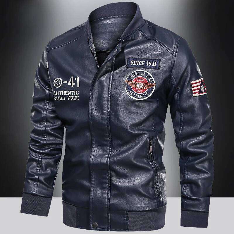 Spring And Autumn Men's Motorcycle Suit Leather Color Blocking American Baseball Collar Pilot Casual PU Leather Jacket