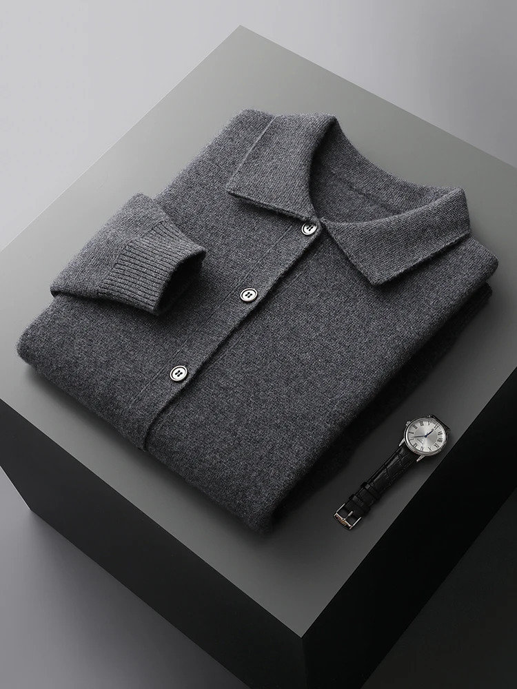 Spring Autumn 100 Merino Wool Knitwear Men Sweater High Quality Turndown Collar Single Breasted Solid Color Cardigan Soft Tops 250929