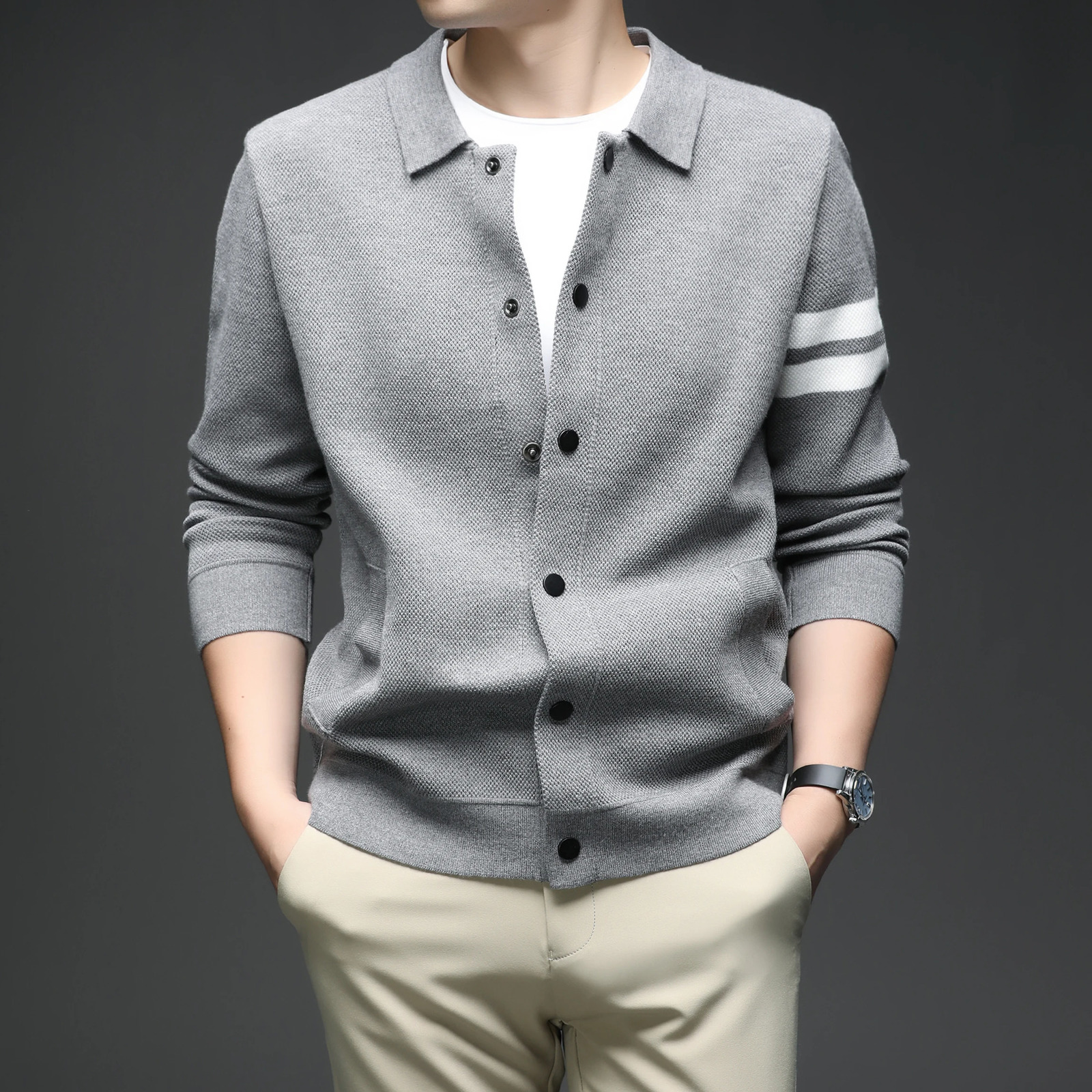 Mens knitted cardigan collar autumn and winter mens sweater fashion versatile leading jacket 250929