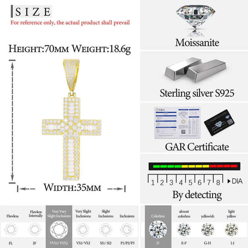 New Design Hip Hop Jewelry Sterling Sier VVS Baguette Moissanite Dia Cross Pendant for Mens Women