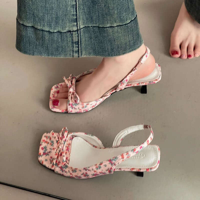 French Floral Sandals Square Open Toe Fairy Bow Thin heel One Strap High heels for Women