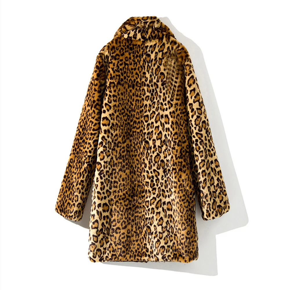 S4XL Winter Warm Open Stitch TurnDown Neck Loose Plush Jacket Women Faux Fur Leopard Cardigan Ladies Thick Long Coat 250930