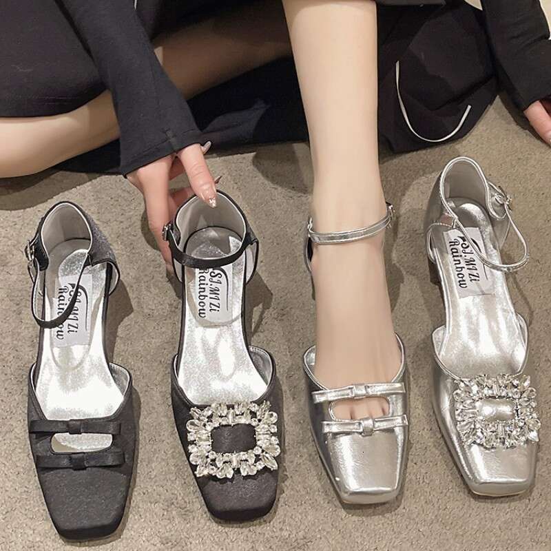 2025 Spring New French Style Toe Silver Designer Shoe Rhinestone Square Buckle Single Bowknot Chunky heel Mary Jane Shoes Fashion Sandals
