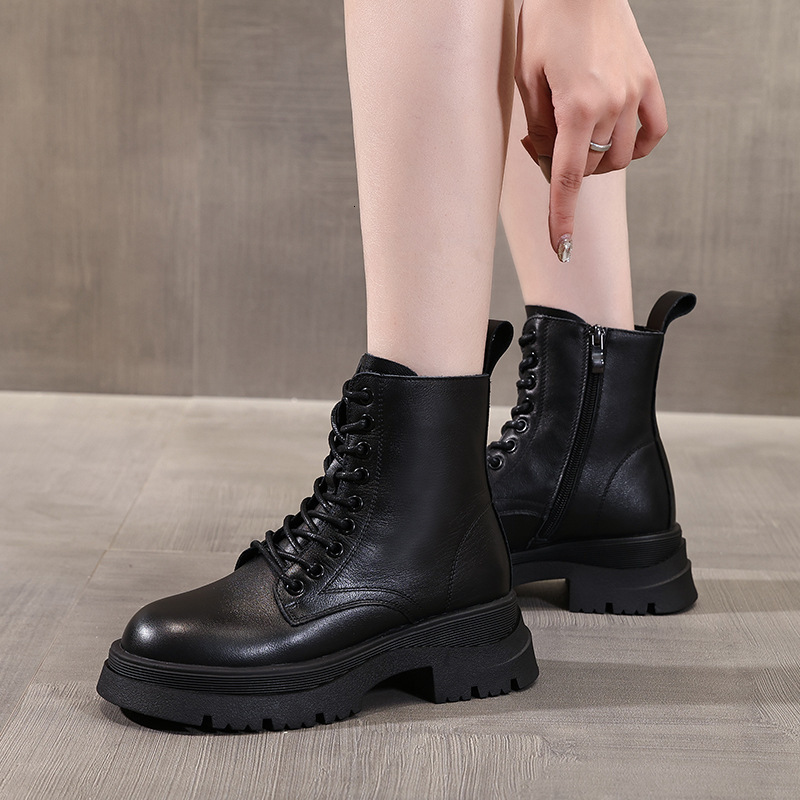 New women's genuine leather Martin boots, new British cowhide autumn and winter boots, black thick soled short boots, designer shoes