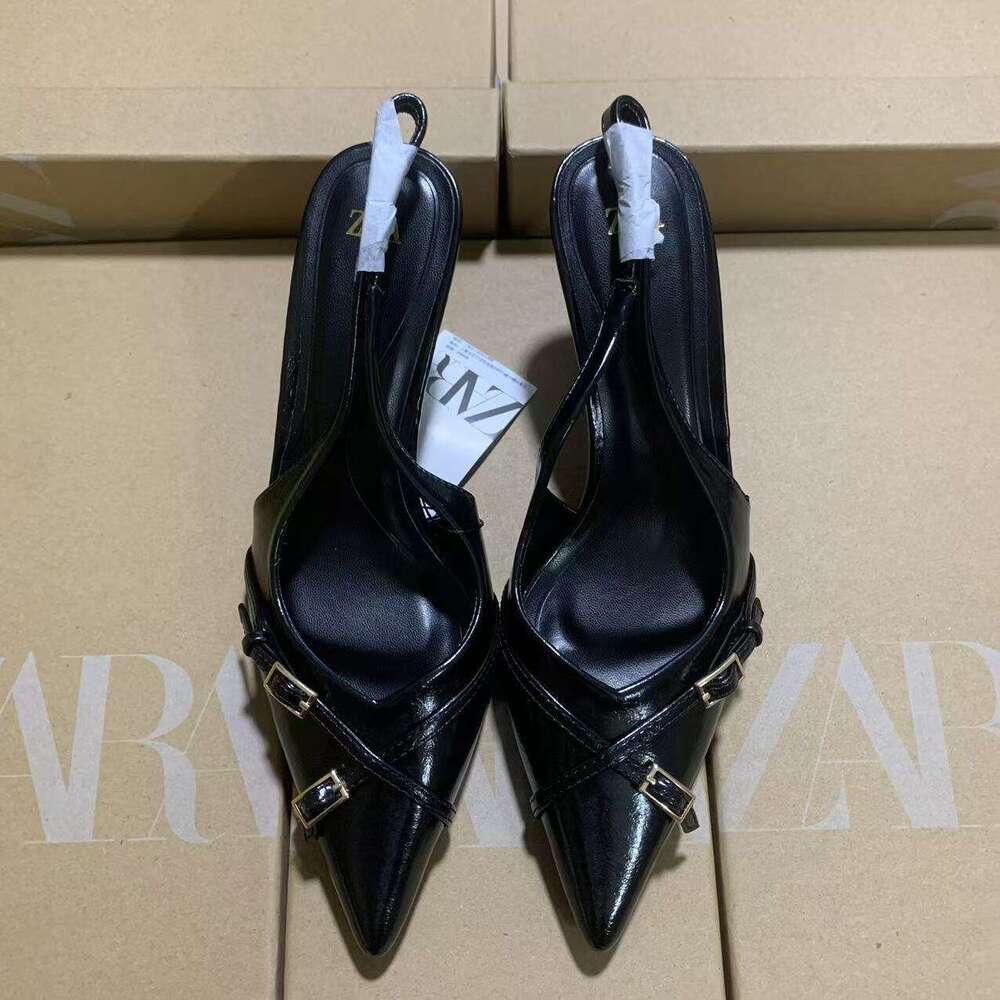 2025 New Black French Cross Buckle Fashion Women Pointed Toe High Heels Outdoor Wear Back Strap