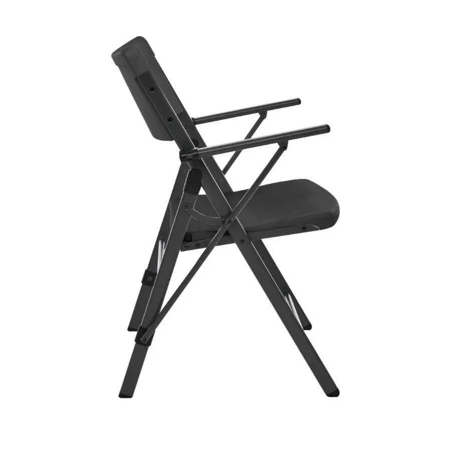 2pack of black commercial plastic folding chairs with armrests featuring a lightweight easytoclean design and durable cover J250930