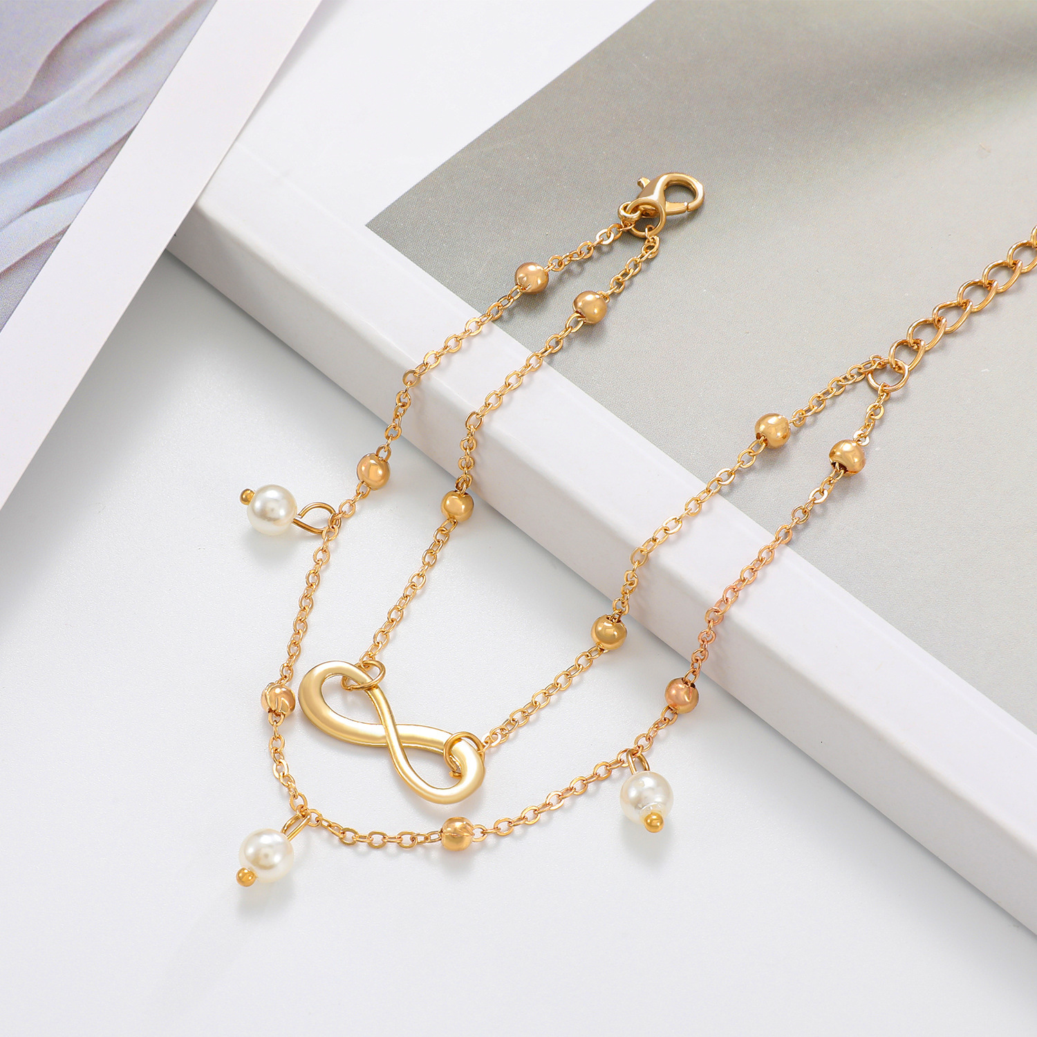 Fashion Hot-Selling Pearl Figure-8 Anklet Women Handmade Beaded Double Chain Accessories Beach Foot Jewelry