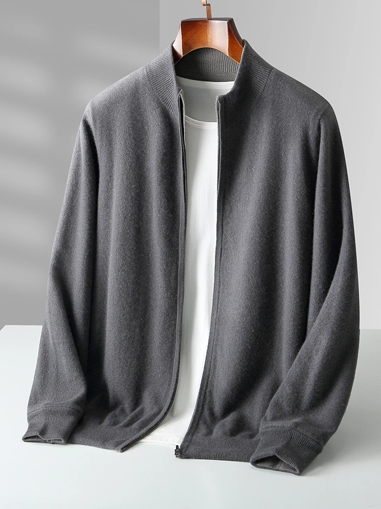 Autumn Winter Men 100 Merino Wool Stand up Collar Knit Cardigan Sweater Doublesided Thickening Zipup Cashmere Sweat 250929
