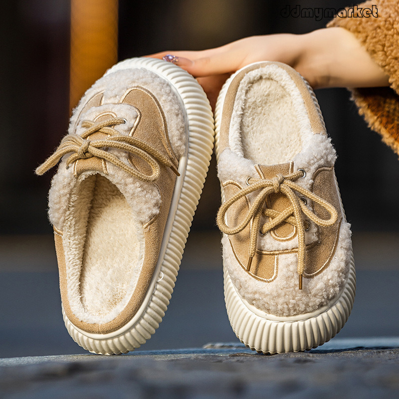 Korean Style Thick-Soled Winter 2025 New Plush Half for Women Outdoor Lace-Up Closed-Toe Cotton Slippers ddmymarket