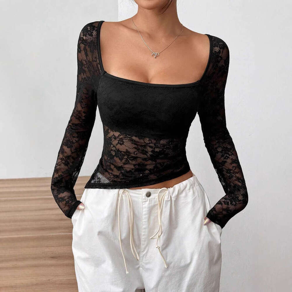 2025 New Elegant Women's Lace U-shaped Neck Asymmetric Hem Design Long Sleeve T-shirt Top for Women