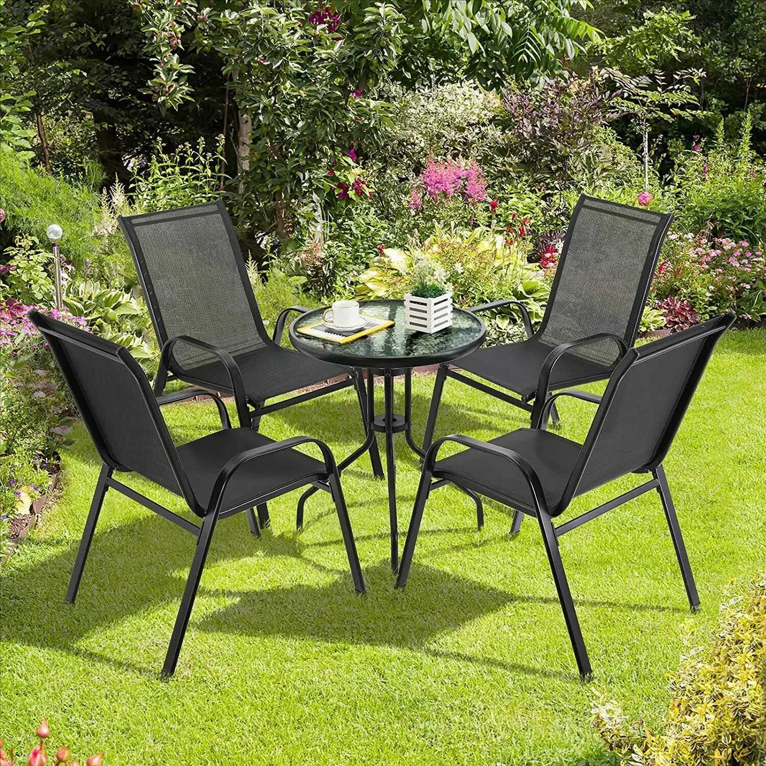 4PCS Garden Chairs SteelironTeslin Fabric Folding High Back Balcony Chair Camping Chair Outdoor Seating Group Black J250930