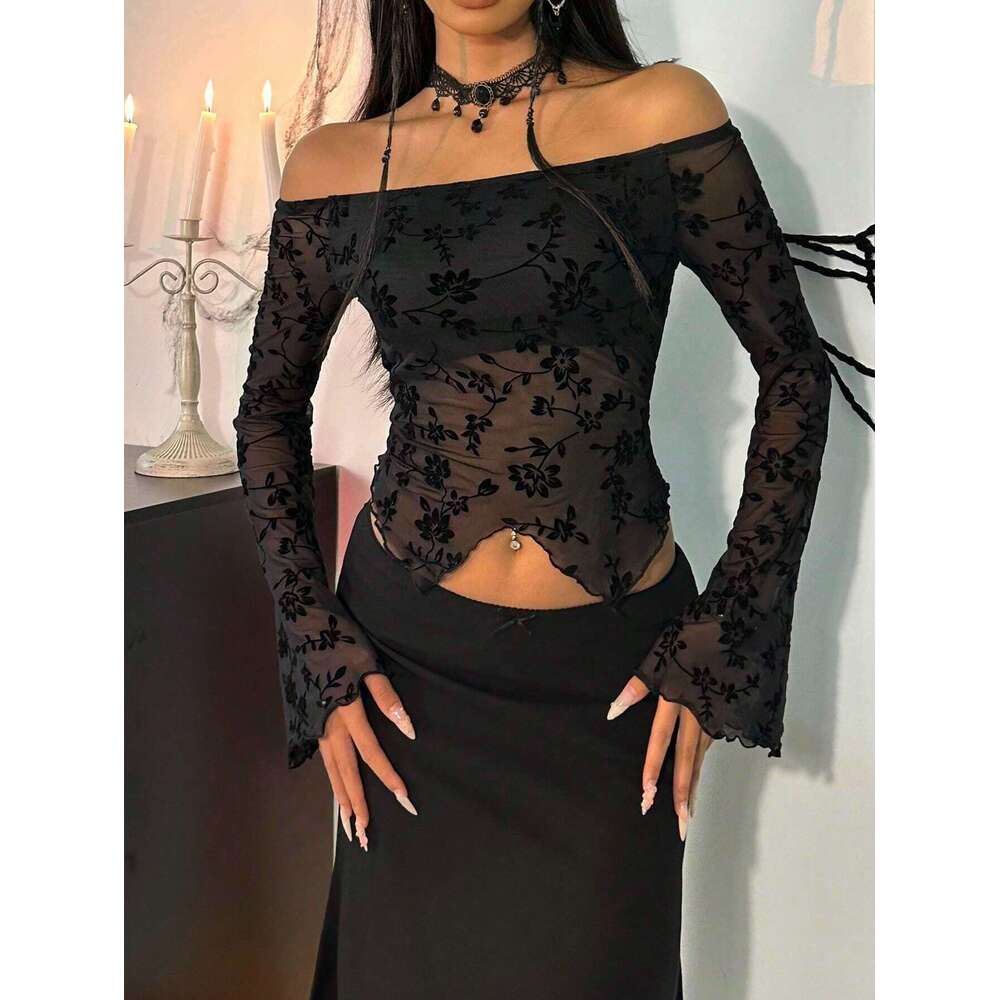 2025 Autumn Winter New Elegant Women's Black Floral Mesh Off Shoulder Flared Sleeve T-Shirt Top for Women
