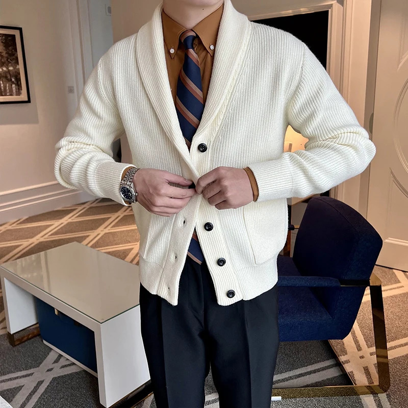 Winter Mens Knitted Buttons Cardigan Sweatercoat Long Sleeve Casual Streetwear Suit Collar Solid Vintage Coat 2025 250929