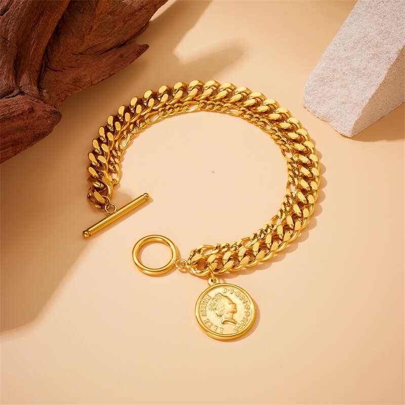 Elegant Fashionable Stainless Steel Necklace with Portrait Design & Gold Finish - OT Clasp Closure