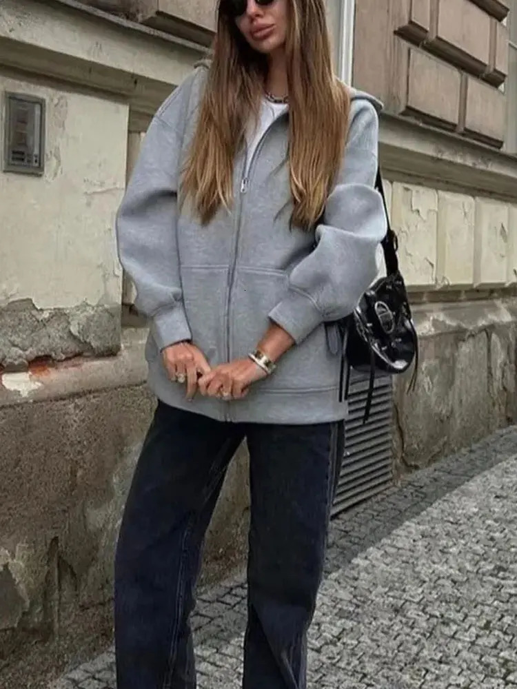 2025 Winter Womens Hoodie Coat Solid Zipper Jacket Top Female Commute Oversize High Street Outerwear Woman Sweatshirt 250930