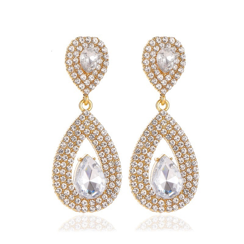 New Full Dia Elegant Long Goddess Super Sparkling Zircon Water Drop Temperament Crystal Bridal Earrings