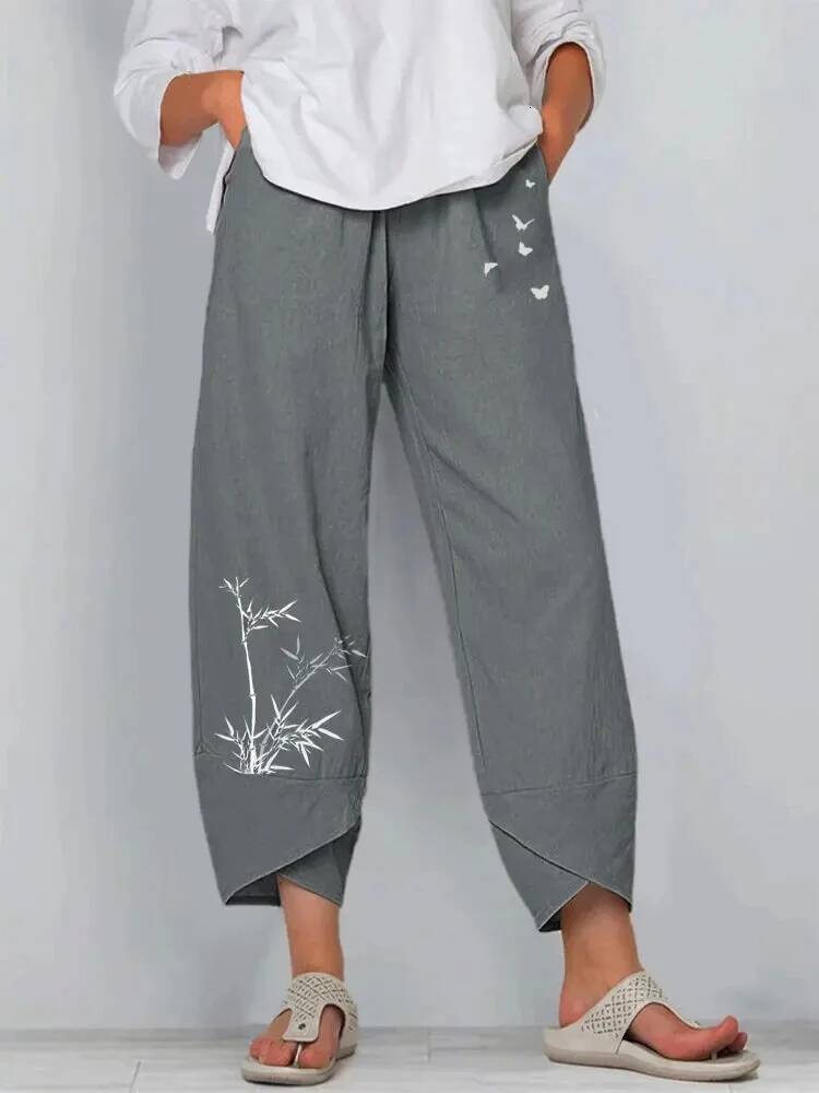 Vintage Print Women Pants Fashion Irregular Casual High Elastic Waist Straight Loose Trousers Summer Lady Cargo Pantalon dongdumaoyi