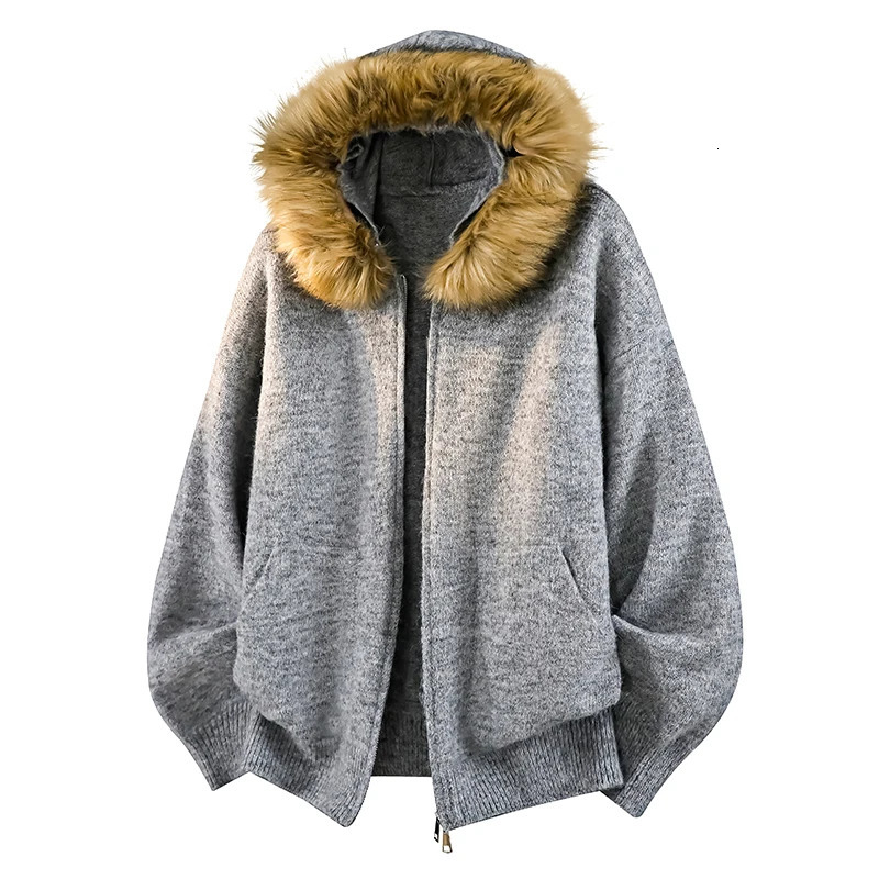 Mens Multi Color Hooded Knit Jacket Faux Fur Trim Zip Up Oversized Warm Trendy Winter Casual Outfits 250929