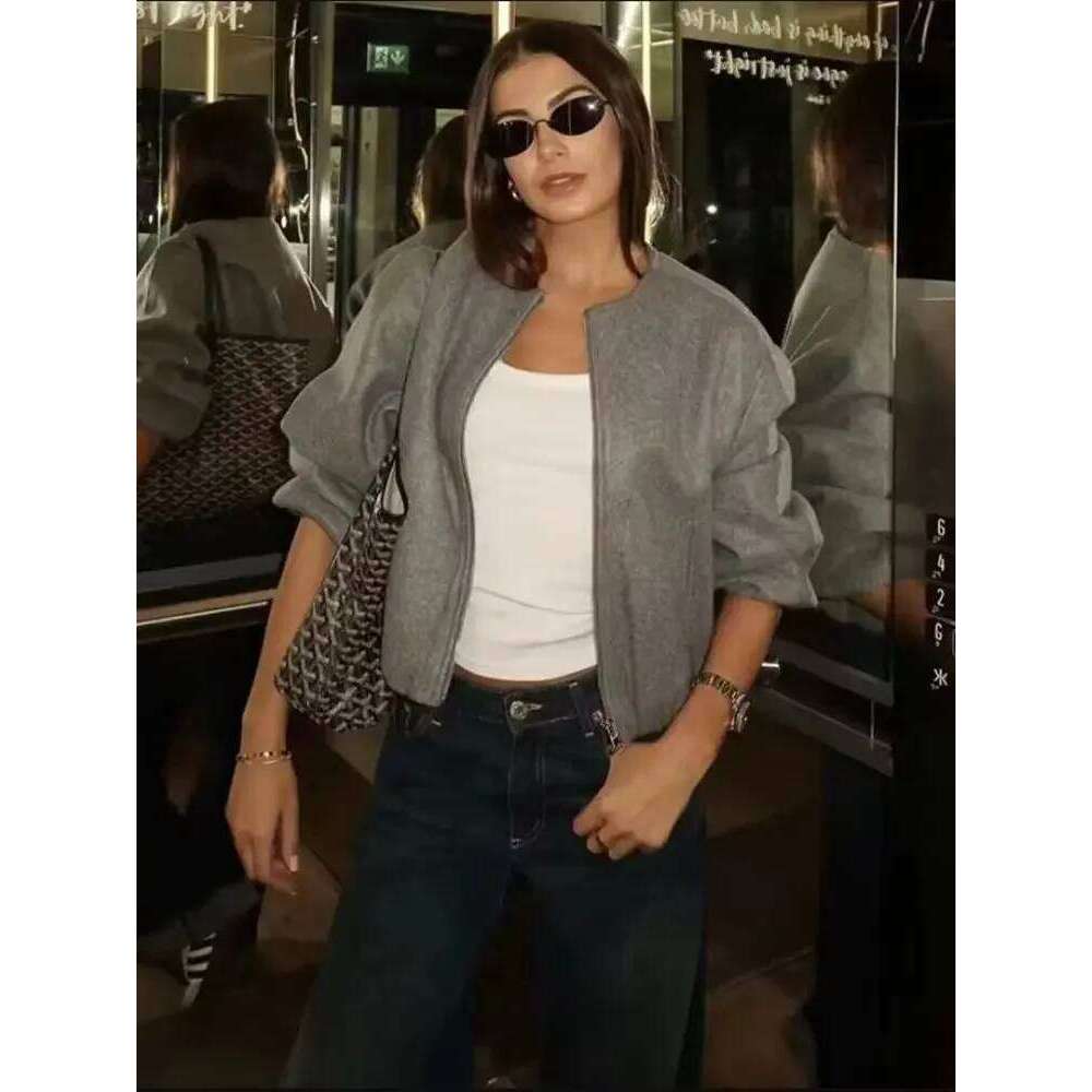 Ladies Fashion Autumn Winter Retro Round Neck Long Sleeve Elastic Hem Zipper Soft Bomber Jacket Women Coat Female