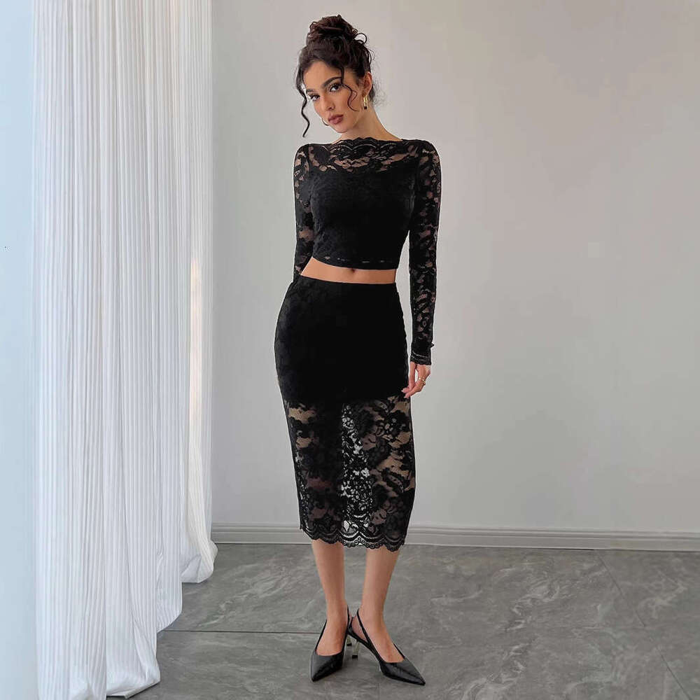 2025 Autumn and Winter New Sexy Women's Lace Jacquard Semi-Transparent Half Skirt Set