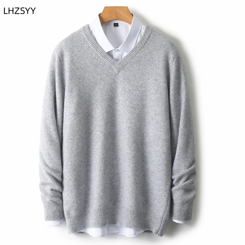 LHZSYY Mens VNeck Cashmere Sweater 23Autumn Winter Thick Solid Pullovers Loose Knit Base Shirt Business Casual Jacket Tops 250929