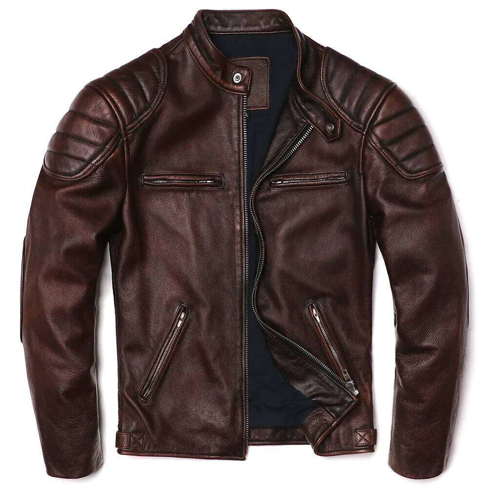 2025 Vintage Brown Genuine Leather Jacket Real Natural Cowhide Men Motorcycle Biker Mens Slim Calf Skin Coat