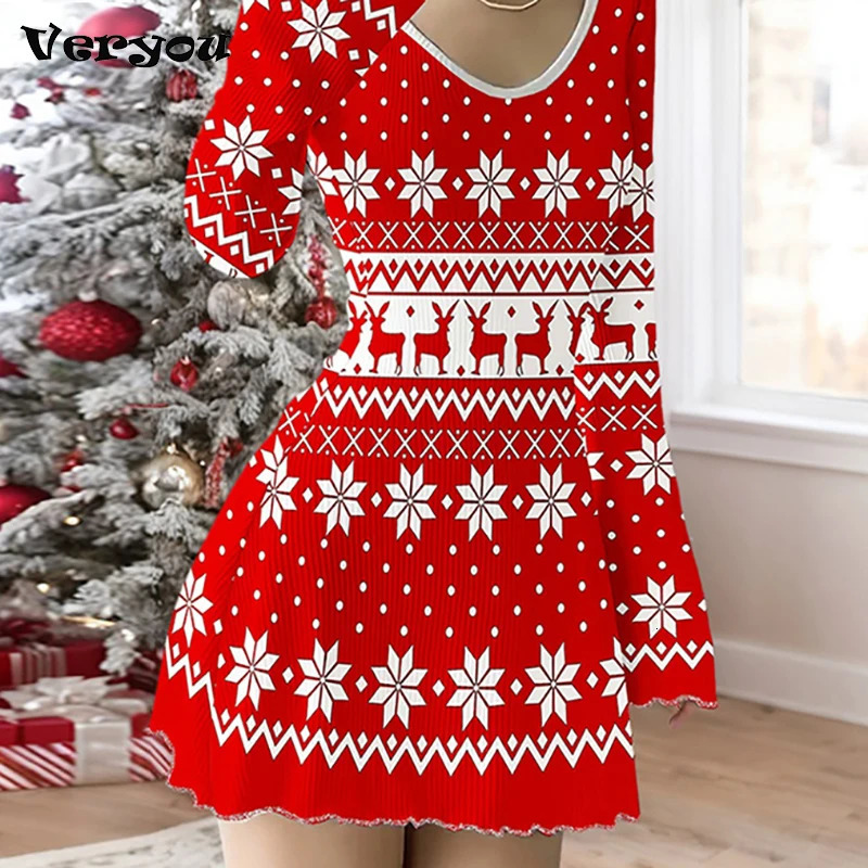Elegant Evening Dress Woman Casual Long Sleeve Printed Christmas Dress Red Slim Bodycon Dresses For Women Casual Mini Dress 250930