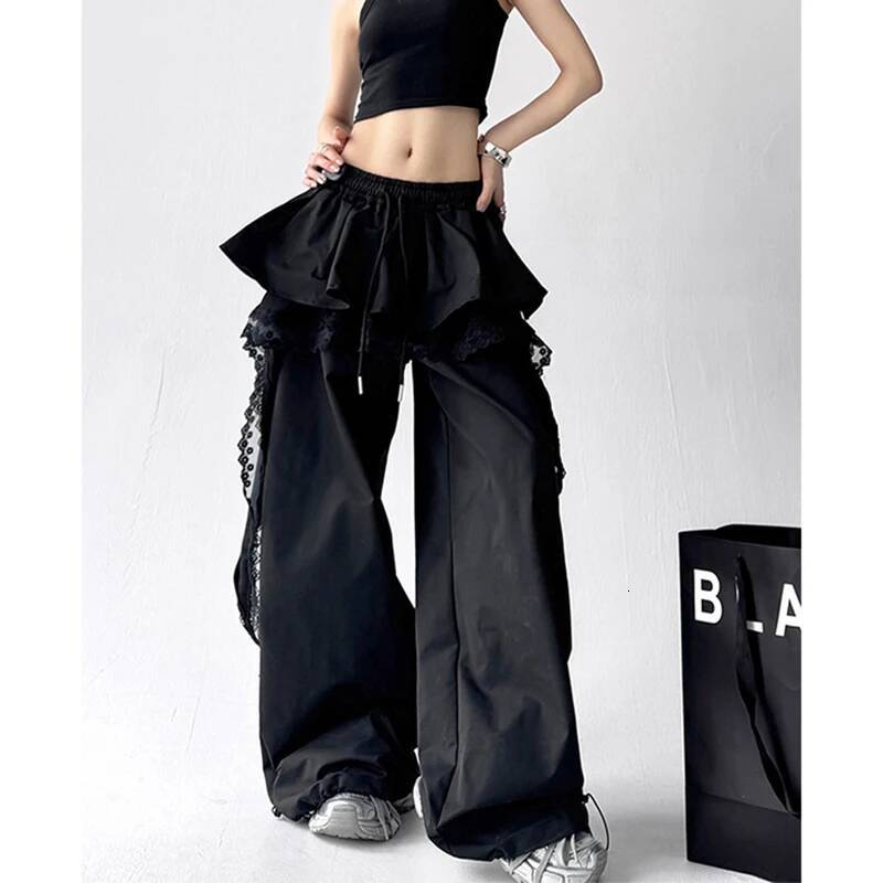 Y2K Black Cargo Women Streetwear Lace Patchwork White Wide Leg Pants Summer Gyaru Haruku Korean Baggy Trousers New dongdumaoyi