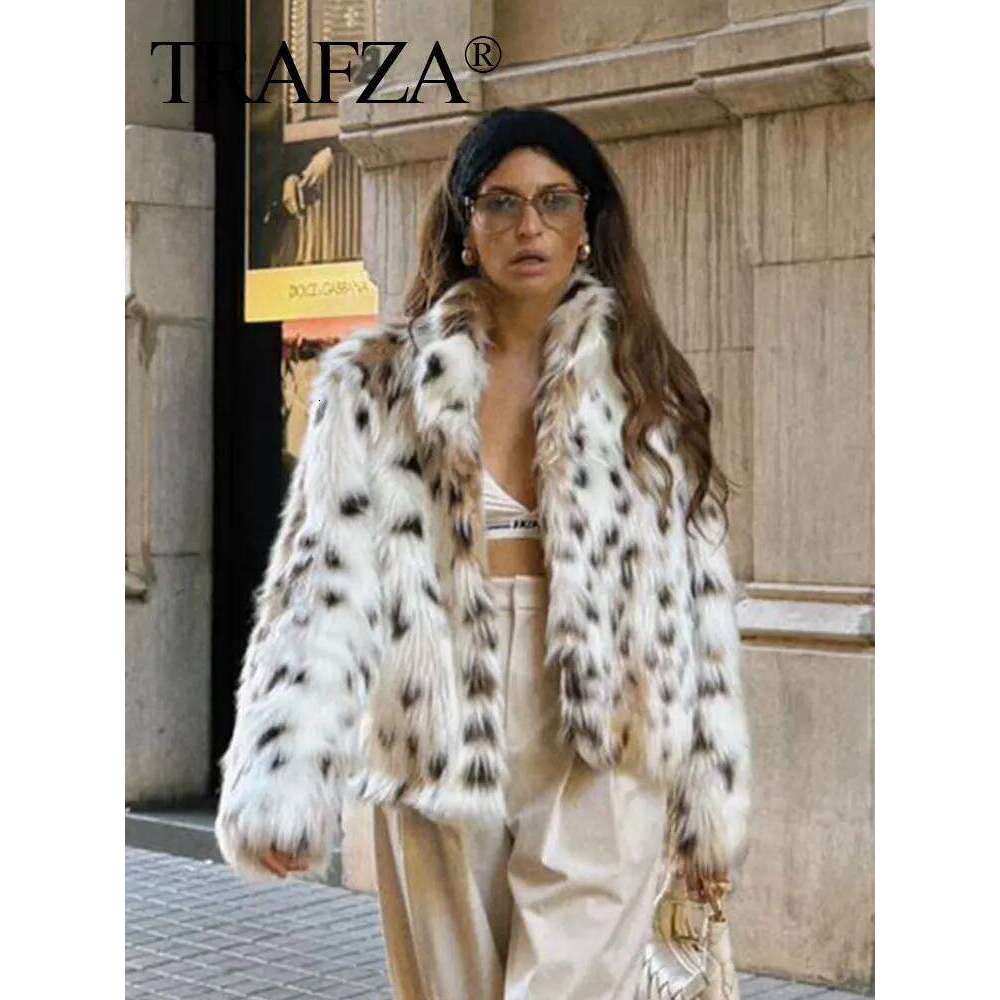 HH Autumn Winter Women Fashion Print Faux Fur Coat Casual Loose Long Sleeve Plush Thick Warm Jacket Female Y2k Streetwear