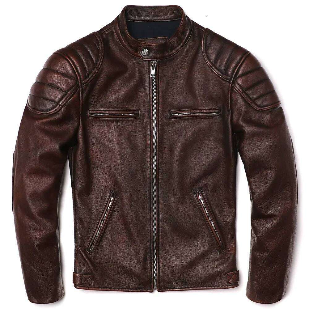 2025 Vintage Brown Genuine Leather Jacket Real Natural Cowhide Men Motorcycle Biker Mens Slim Calf Skin Coat