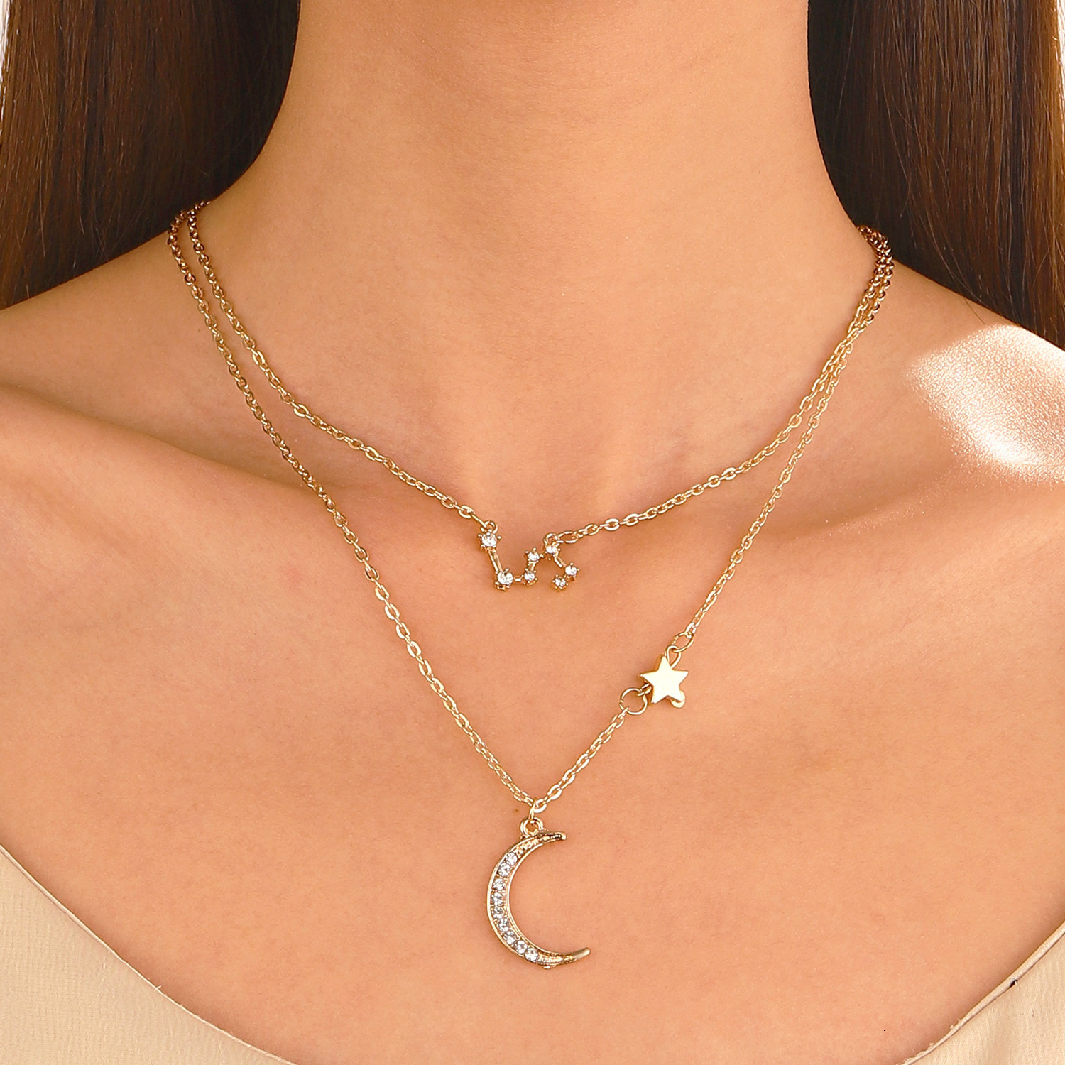 Double Layer Star Moon Collarbone Chain Elegant Inlaid Dia Zodiac Necklace Ins Style Internet Celebrity Accessory