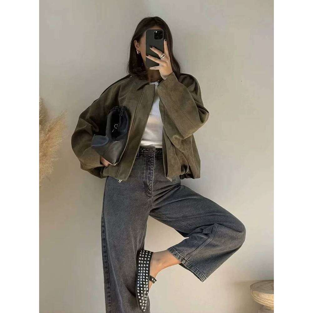 Women Green Suede Jacket 2025 New Spring Fashion Long Sleeve Zipper Oversize Bomber Coat Chic Female High Street Outerwear